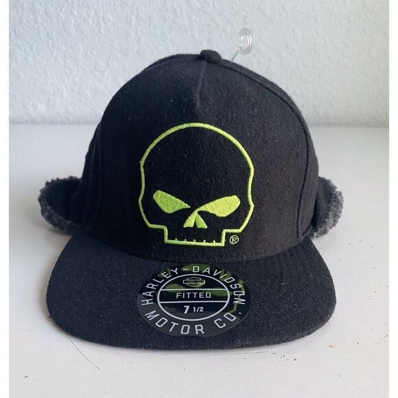 Harley Davidson Willie G Skull Black Hat Cap Ear Flap Fitted Men’s 7 1/2 XL NEW - Picture 1 of 10